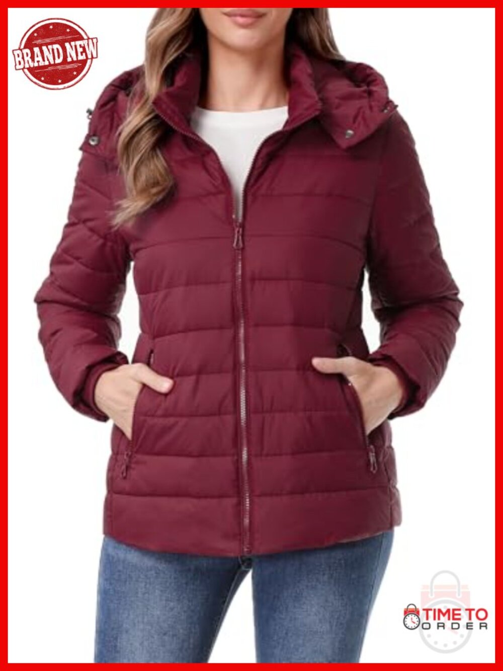 Women's Waterproof Puffer Jacket with Detachable Hood - Insulated Quilted - Picture 6 of 6